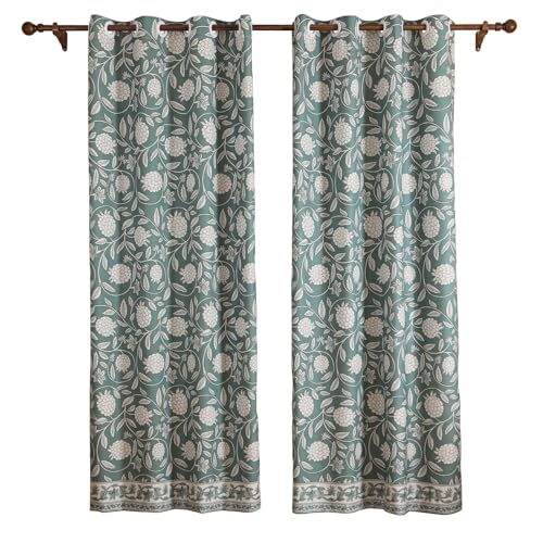 Image of ISAENNE Designer Vintage Linen Printed Curtains,2 Panels,71 inchx53 inch-Andrew | Vintage Elegant Green Curtain with Grommet 71 inch long,Floral Pattern Draps,kitchen Bedroom Living Room Window Blackout