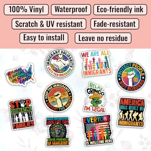Image of TODOLIA (10Pcs-3in) Immigrant Rights Sticker Pack, Immigration Human Rights Sticker, Equality Social Justice Democrat Gift, Democracy Decoration for Laptop Tablet Water Bottle Helmet Car Vehicles