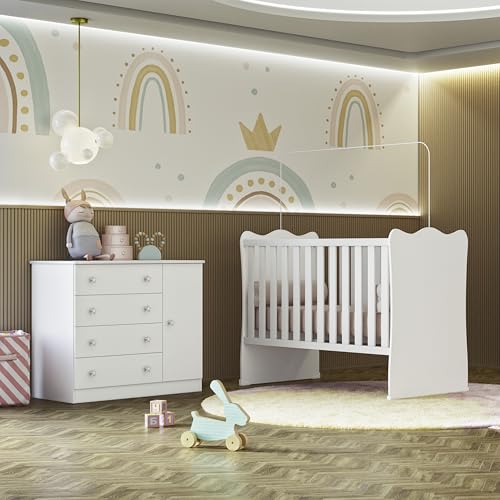 Quarto de Bebê Doce Sonho com Cômoda 2561 e Berço Simples 1 Qmovi Branco
