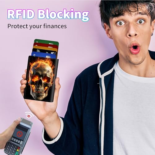 RFID Blocking Card Holder Wallet Billeteras de Hombres, Pop Up Minimalist Wallet for Men Women, Large Capacity Smart Wallet fit Money, ID Card, Driver's License, Fire Skull3