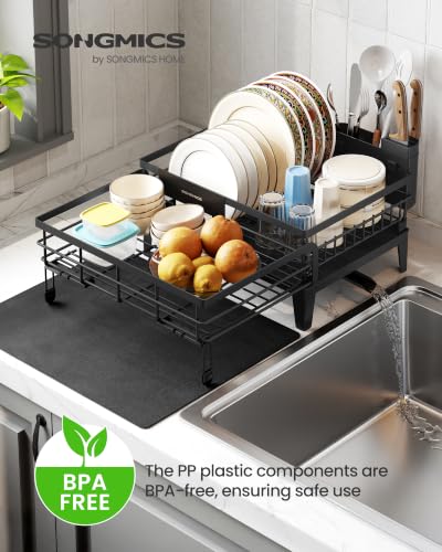 Image of SONGMICS Dish Drying Rack, Kitchen Dish Rack with Drainboard, 360 Rotatable and Extendable Spout, with Cutlery Holder, 23.9 x 16.8 x 8.9 Inches, Ink Black UKCS552B01