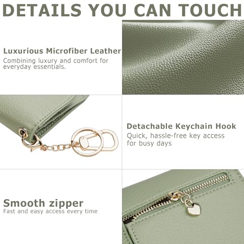 Image of Women Small Wallet RFID Blocking Slim Wallet with Coin Pocket Tri-Fold Credit Card Holder with ID Window and Keychain(Light Green)
