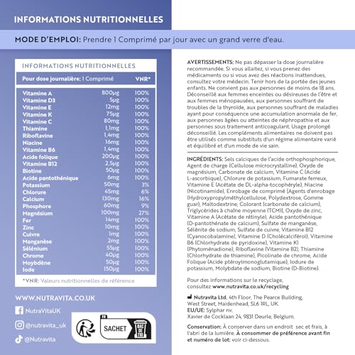 Multivitamines et Minéraux - 90 Comprimés 26 Nutriments dont Zinc Fer Selenium Vitamine C A B D3 E K - Vitamines, Minéraux et Compléments Vegan Haute Absorption - Nutravita – Image 5