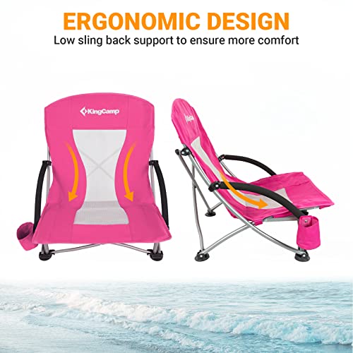 Kingcamp Portable Lightweight Sitting Sand Beach Chairs For Adults, Women With Cup Holder, Carrying Bag, Straps For Outdoor Camping Lawn Concert Travel Festival, Red Pink, Low Back, Lowback_Rose #TOP2