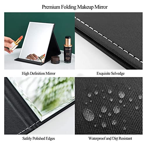 Image of Portable Folding HD Makeup Mirror, Frameless Slim PU Leather Desktop Mirror with Adjustable Stand for Personal Use, Travel, Desktop (Set of 2, Black & White)
