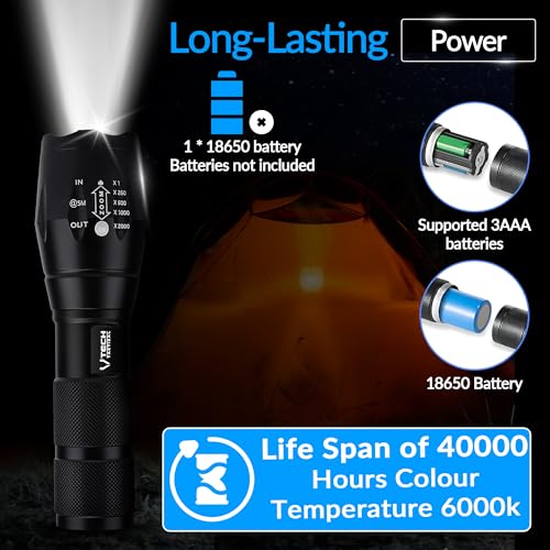 VTech Tactical 2pack LED Flashlight High Lumens - Mini Flashlights for Camping, Hiking, Walking - Powerful Emergency Flashlights with 5 Modes for Outdoor Use - Bright Flashlight with Zoomable Beam - Image 3