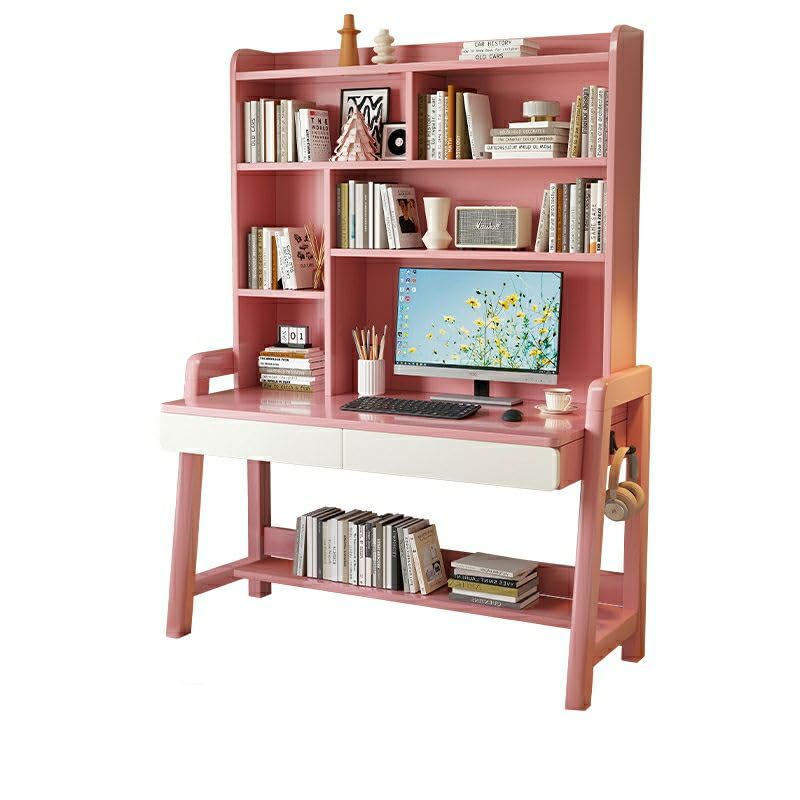 CraftThink Writing Desk, Wood Study Table with Drawer and Storage Shelves, Computer Desk Work Table with Hutch for Home Office (Pink, Desk, 55" L x