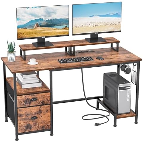 Furologee Computer Desk with Drawer and Power Outlets, 47" Office Desk with 2 Monitor Stands and Fabric File Cabinet, Writing Gaming Table with Shelves and 2 Hooks for Home Office, Rustic Brown Cover