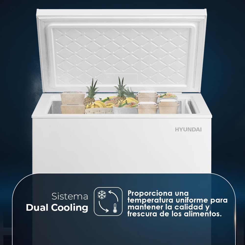 Hyundai Congelador Horizontal Blanco HCH200EDW00. Capacidad 198 Litros, Dual Cooling, 4 Star, Puerta Única Dirección, Modo Super Congelación, Tecnología Inverter, Puerta Abatible, 1 Cesta, 37dB, Clase