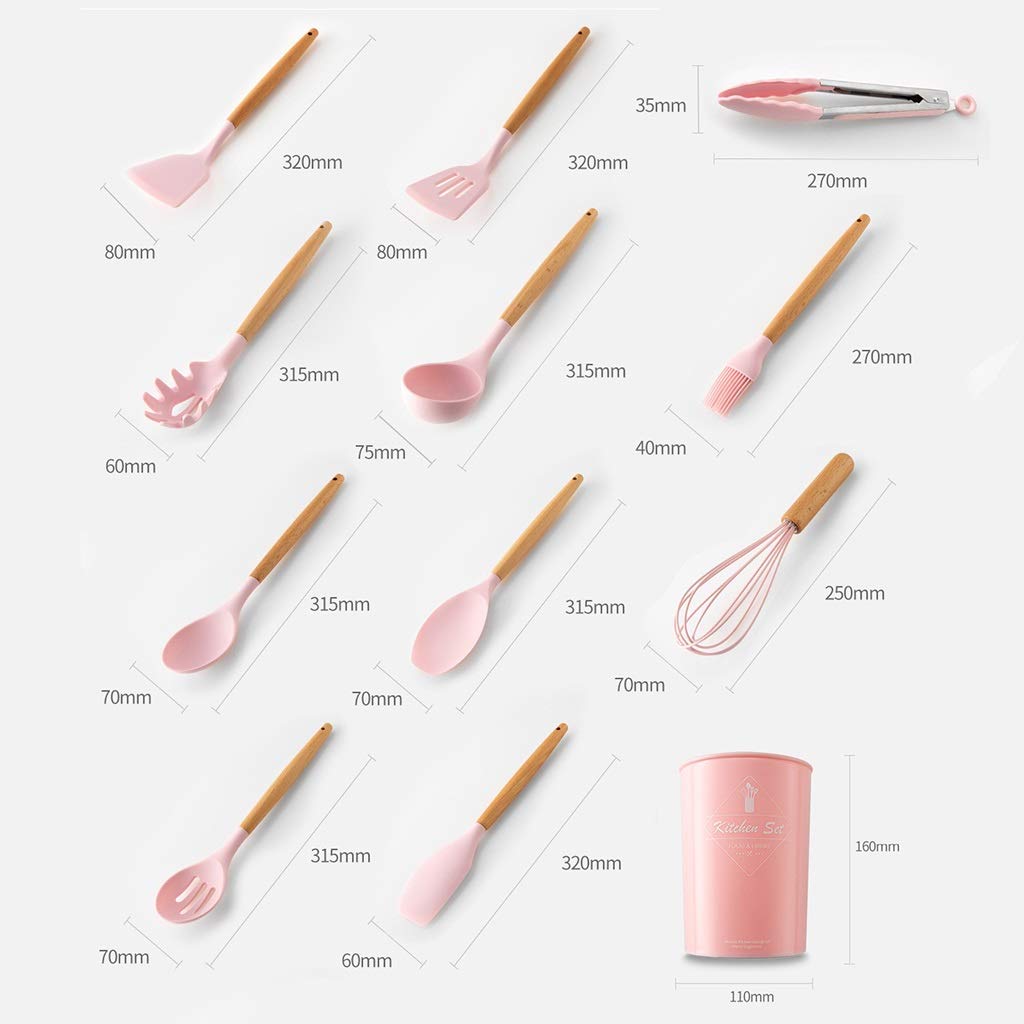 YYDS Koch Utensilien Silikon-Küchenzubehör Set mit Halter Kochgeräte-Satz, 11 PCS Holzgriff Antihaft-Kochgeschirr-Set, Küchenhelfer Utensil, Rosa Kochzubehör