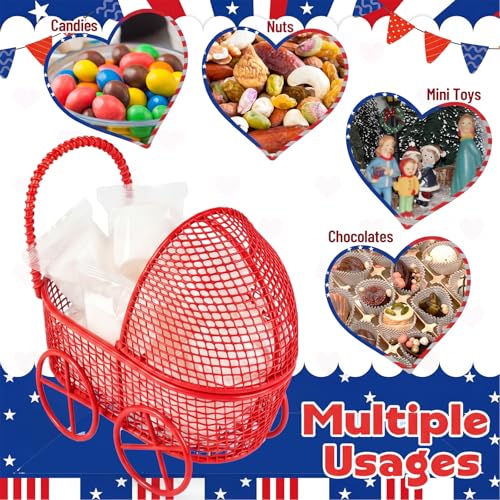 Image of Threehoney 12 Pcs Baby Shower Mini Carriage Decoration Red Strawberry Color Metal Wired Fillable Candy Stroller Baby Shower Table Centerpiece for Guest Gender Reveal Wedding Party Favor Gift