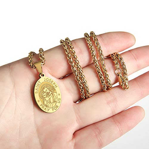 P. BLAKE Oval Saint Christopher/Michael/Joseph/Jude/Virgin Mary/Joseph/Francis/Patrick/Anthony/Benedict/Thomas Necklace for Men Women, Stainless Steel Catholic Patron Pendant with Chain 24 Inches