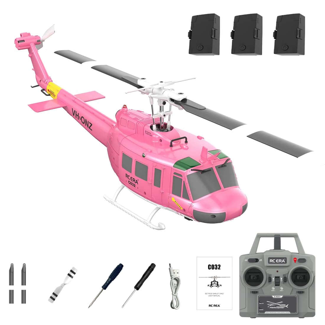 RC ERA C032 RC Helicopter, 1/48 Scale 2.4G 6CH UH-1 Huey Flybarless RC Helicopter, 6-Axis Gyroscope Stabilization, with Altitude Hold & 3D Inverted Flight for Adults Enthusiasts, 3 Battery