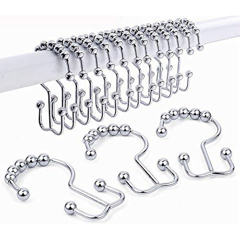 CenYouful Shower Curtain Hooks Rings, Rust-Resistant Metal Double Roller Glide Shower Hooks for Bathroom Shower Rods Curtains, Set of 12 Chrome Rings Cover