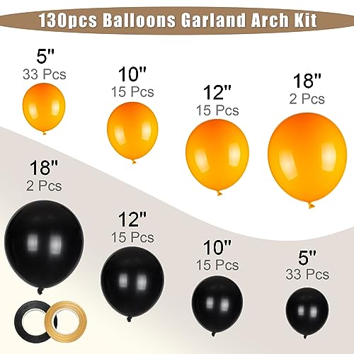 Image of 130pcs 18 /12 /10 /5 Inch Black and Orange Balloons Garland Arch Kit | Different Sizes Pack Latex Balloon for Birthday Graduation Halloween Party Decoration