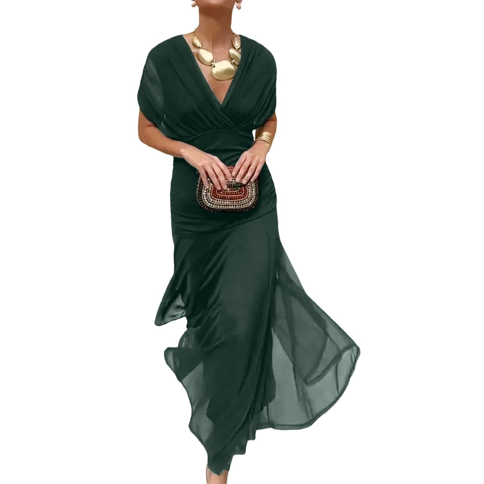 Abito estivo da donna, elegante, lungo, in chiffon, con scollo a V, abito da damigella d'onore, sciancrato, elegante, in tulle, leggero, arioso, linea ad A, abito da sera