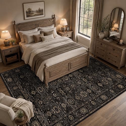 Image of 8x10 Washable Rug for Living Room Bedroom Black Low Pile Soft Non-Slip Large Rug for Under Table Boho Distressed Retro Carpet for Bedroom Kitchen Office Dining