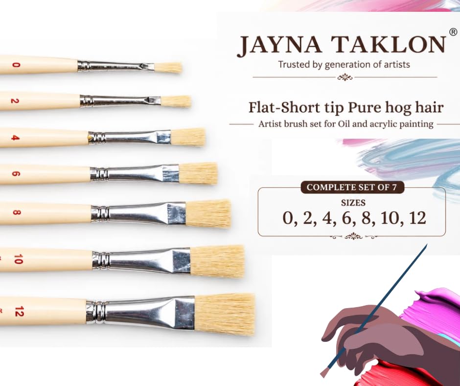 Image of Oil Painting Brush Set, 100% Pure Hog Hair, Flat Tip, 7 Sizes (0, 2, 4, 6, 8, 10, 12), for Acrylic and Oil Paint