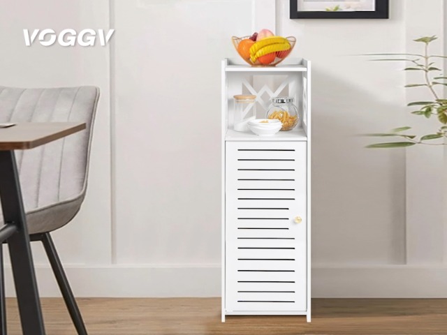 BHFOW Armadietto Portaoggetti Da Pavimento Per Bagno – 1 Ripiano Aperto + 1 Porta, 21,6x20x75,9 Cm, Bianco, Impermeabile E Facile Da Montare