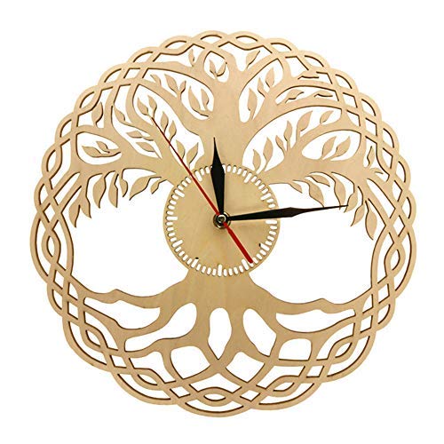 YJSMXYD Orologio da Parete Geometria Sacra Capolavoro Fatto A Mano Legno Antico Albero della Vita Albero Infinito Decorazione della Casa Zen Accurate Time Silent Home Kitchen