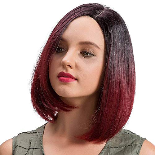 Preisvergleich Produktbild RuiSi Damenperücke, glattes Haar, kurzer Bob, ohne Spitze, Weinrot, Farbverlauf, kurzes Haar, Cosplay-Perücke und Perückenkappe