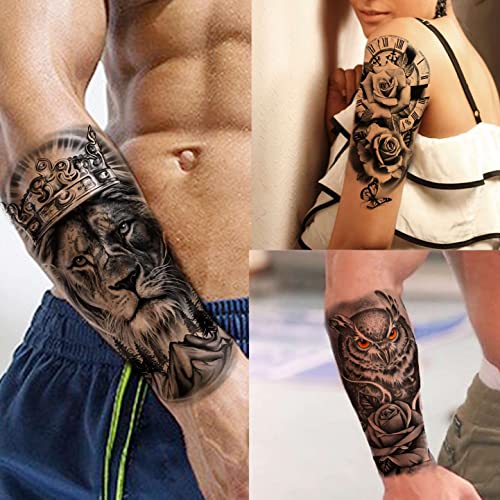 Image of VANTATY 69 Sheets 3D Realistic Tiger Lion Temporary Tattoos For Women Forearm Men Arm, Half Sleeve Wolf Owl Skull Skeleton Waterproof Fake Tattoos For Adults Thigh, Black Animal Bulk Tattoo Sticker