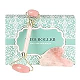Jade Rose Quartz Roller for Face 2 in 1 Gua Sha Set Including Rose Quartz Roller and Jade Face Massager 100% Real Natural Jade Facial Roller Anti Aging Face Roller Massager by OMO