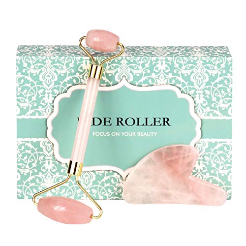 Jade Rose Quartz Roller for Face 2 in 1 Gua Sha Set Including Rose Quartz Roller and Jade Face Massager 100% Real Natural Jade Facial Roller Anti Aging Face Roller Massager by Rayfarmo