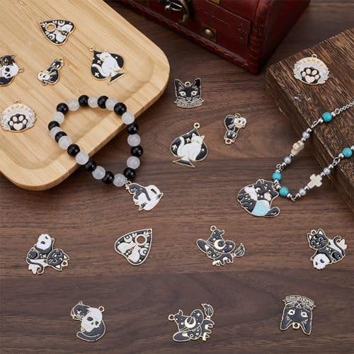 SUNNYCLUE 1 Box 20Pcs 10 Styles Gothic Cat Charms Black Kitty Charm Bulk Alloy Enamel Goth Pet Animal Cats Head Ouijas Magic Skull Tarot Halloween Charms for Jewellery Making Charm Necklace DIY Supply - Image 4