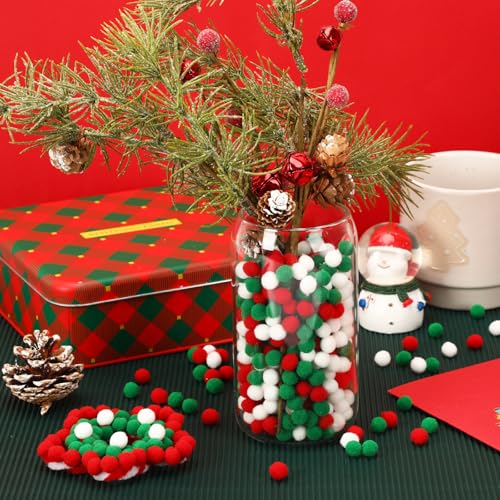 image for SEPGLITTER Christmas Pom Poms Balls, 1000 Pieces Red Green White Pompo