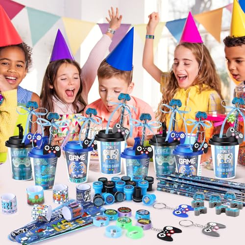 Cadeaux de fête gamer et kit anniversaire enfant avec gobelet, autocollants et taille-crayon