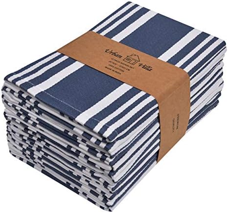 Urban Villa ,Trendy Stripes cloth napkins Set of 12 Indigo Blue/White Color dinner napkins 20x20 Inches 100% Cotton Over Sized , with Mitered Corners dinner napkins