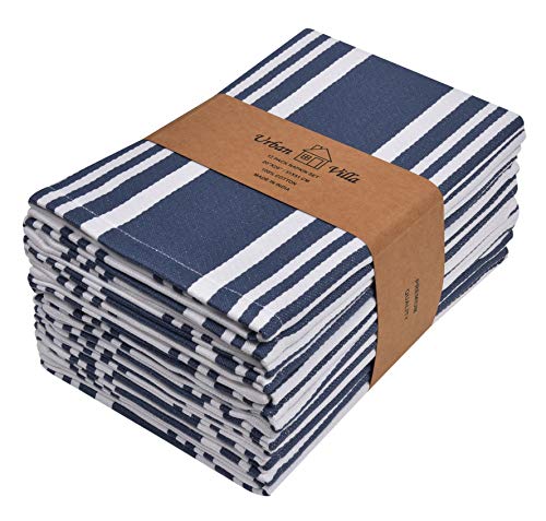 Urban Villa ,Trendy Stripes Cloth Napkins Set Of 12 Indigo Blue/White Color Dinner Napkins 20X20 Inches 100% Cotton Over Sized , With Mitered Corners Dinner Napkins #TOP26