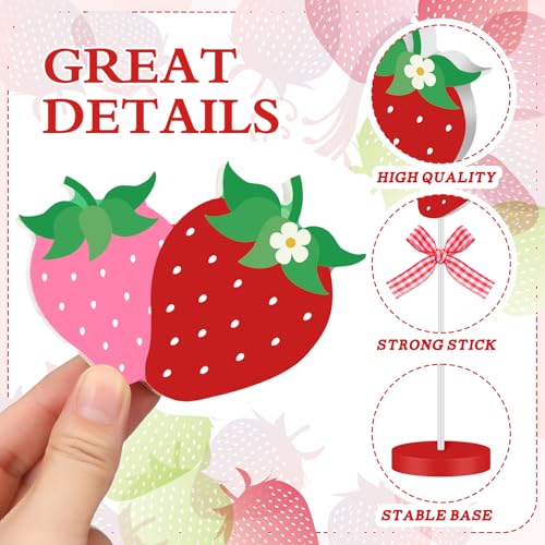 Image of Briwooody 6 Pcs Strawberry Table Decorations Wooden Strawberry Centerpieces for Berry First Birthday Strawberries Baby Shower Summer Party Farmhouse Table Decor Red and Pink Standing Signs