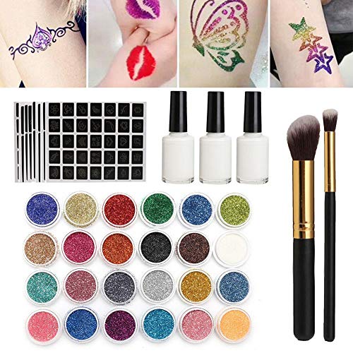 Succeedw Glitter Waterproof Temporary Tattoo Set Semi-Permanent Color Waterproof Body Art Tattoo 118-pattern Painted 24-color Glitter Tattoo Set