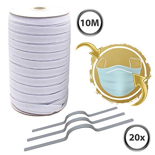 GD Gummiband und Nasenbügel im Set für Mundschutz zum Selber Nähen I 10 Meter Premium Gummikordel für Mundbedeckungen I 20 Nasenbügel (1 Set)