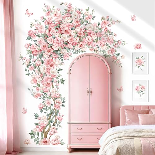 decalmile Stickers Muraux Fleurs Rose Arbre Grande Autocollant Mural Floral Pivoine Papillons Décoration Murale Chambre Fille Salon Mur TV Bureau