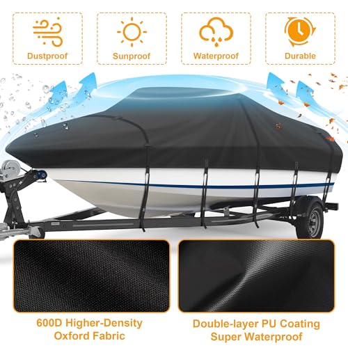 Kipiea Trailerable Boat Cover- 14-16 ft feet Heavy Duty Waterproof Boat Covers, Double PU Waterproof, Fits V-Hull, Fish & Ski, Pro-Style, Fishing, Bass Boats, 14'-16' Long X 90" Wide