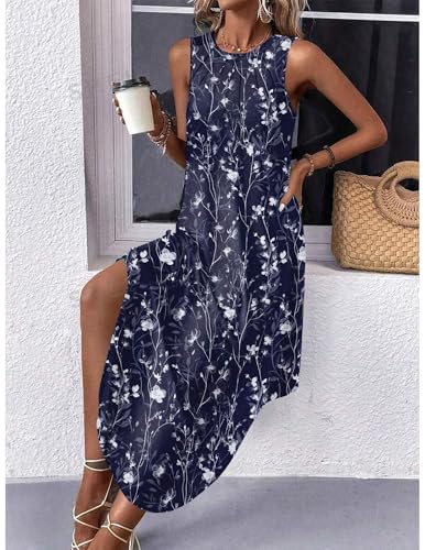 Image of Zeagoo Women Floral Summer Casual Beach Printed Tank Dress with Pockets Pleated Front Long Dress