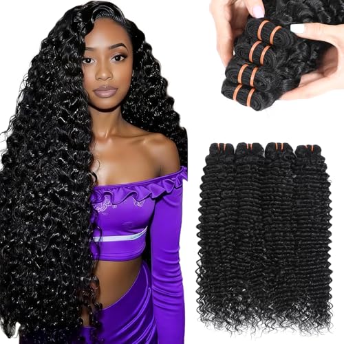 16A Raw Deep Wave Human Hair Bundles Deep Curly Wet and Wavy Bundles Human Hair Brazilian Virgin Hair Extensions Silky Soft After Multiple Washes (4 Bundles-Natrual Black 18 20 22 24 Inch)