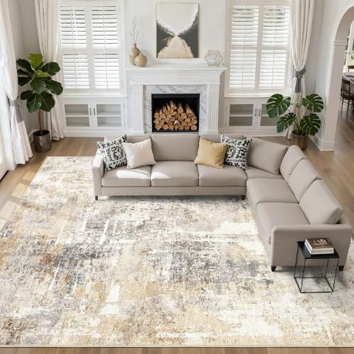 Large Area Rug 12x15 Washable Non-Slip Modern Grey Gold
