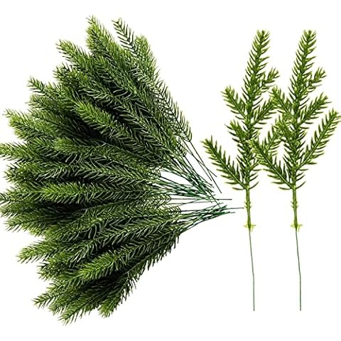 Alpurple 100 Packs Artificial Pine Needles Branches Garland-6.7x2.0 Inch Green Plants Pine Needles-Fake Greenery Pine Picks for Christmas Wedding Party Home Garden Fireplace Décor(100PCS) Cover