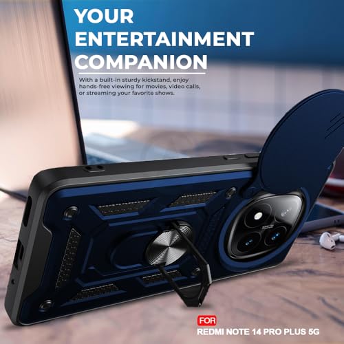 Image of AESTMO Tough Armor Redmi Note 14 Pro Plus 5G Bumper Back Case Cover | Ring Holder & Sliding Camera Shield Cover | 360 Degree Protection Back Case Cover for Redmi Note 14 Pro Plus 5G (Blue)