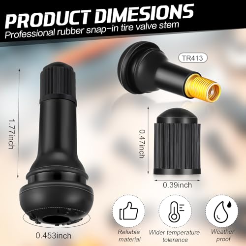 Image of Tallew 20 Pieces TR413 Tire Valve Stems, Rubber Snap-in Tubeless, Black | for 0.454 Inch Rim Holes Car Tubeless Tires, Standard Length Replacement, Bulk for Auto Repair Shops, Black Snap in Design