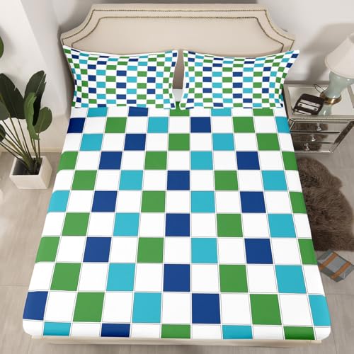 Image of Erosebridal Blue Green Checkered Sheet Set Full Navy Teal White Grids Plaid Bed Sheets Geometric Buffalo Gingham Bedding for Kids Boys Girls,Modern Fashion Bed Sheets Set 4 Piece