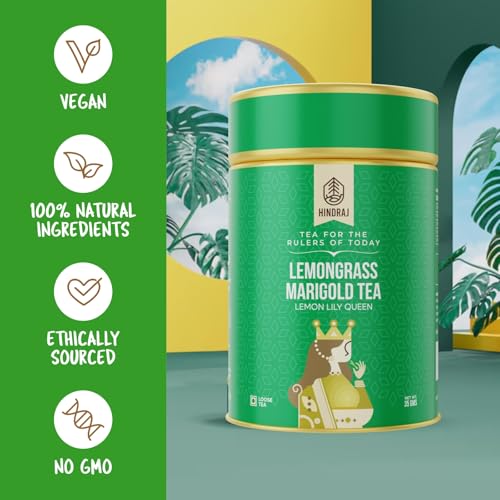 Image of Hindraj Lemon Lily Queen Lemongrass Marigold Herbal Loose Tea 35 g Natural Ingredients Citrusy & Floral Tea Blend Great for Iced Tea, Mocktails, No Sugar