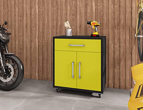 Image of Manhattan Comfort Eiffel 28.35 inch Rolling Garage Cabinet with 1 Drawer, Soft Close Doors, and 2 Shelving Spaces, Wooden Mobile Outdoor Storage for Kitchen Pantry, Laundry, Office and Shop, Yellow
