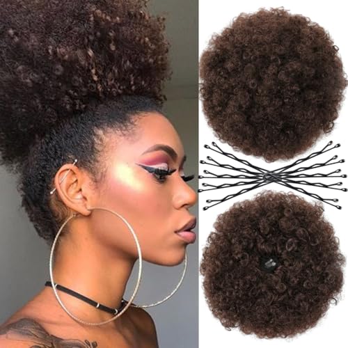 SAISIFEN Afro Puff Drawstring Cola De Caballo Extensiones De Cabello Con Clip para Las Mujeres Negras Moño De Pelo 10 Piezas Horquillas para El Cabello (Diámetro 20 cm, #4 Castaño Chocolate)