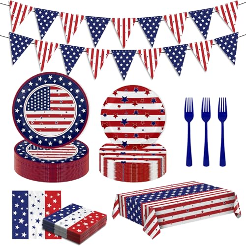 Anniversary Patriotic Disposable Tableware Kit for 25 Guests-102 Pcs Include Plates Napkins Forks Tablecloth and Banner for Independence Day Memorial Day Themed Party Decorations (American Flag)