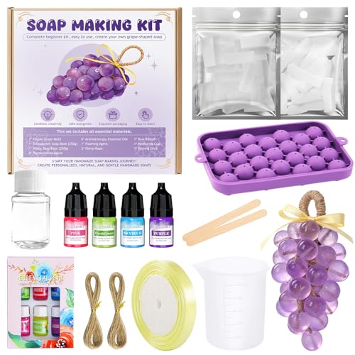 Kit para Hacer Jabones Artesanales, Kit Jabones Artesanales, con Jabon Base, Moldes para Jabones, Cuerda de Cáñamo y Diversos Accesorios, Elaboración de Jabones con Forma de Uva, Apto Principiantes